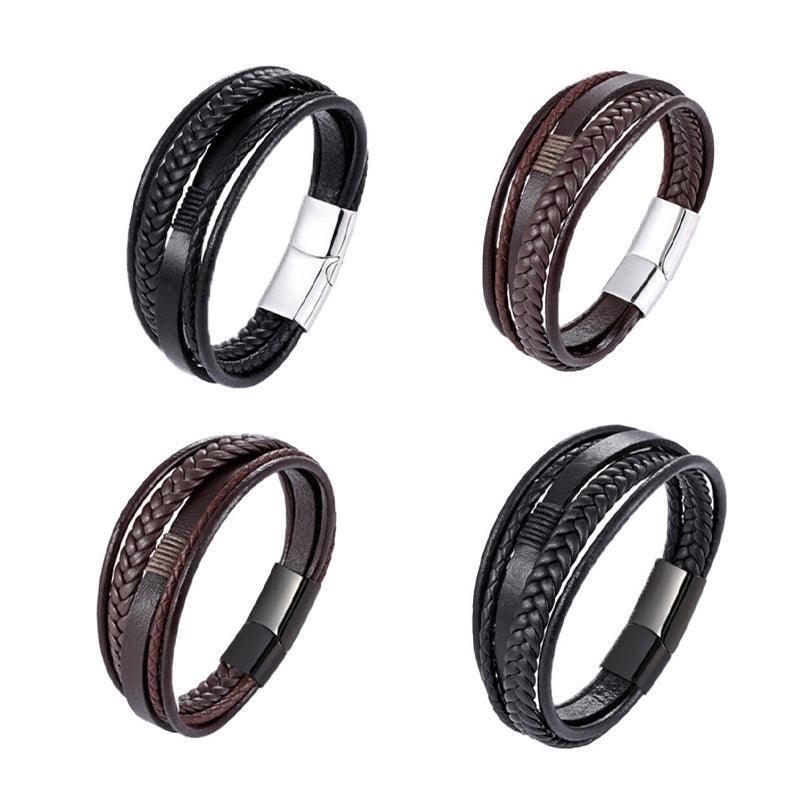Men Stainless Steel Buckle Leather Bracelet Bangle Cuff Vintage Wristband Rope - Coffee&Silver