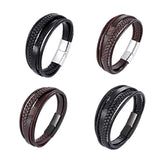 Men Stainless Steel Buckle Leather Bracelet Bangle Cuff Vintage Wristband Rope - Coffee&Silver - Side View