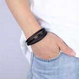 Men Stainless Steel Buckle Leather Bracelet Bangle Cuff Vintage Wristband Rope - Coffee&Silver