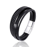 Men Stainless Steel Buckle Leather Bracelet Bangle Cuff Vintage Wristband Rope - Coffee&Silver
