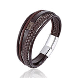 Men Stainless Steel Buckle Leather Bracelet Bangle Cuff Vintage Wristband Rope - Coffee&Silver