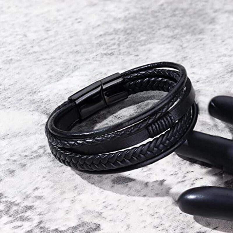 Men Stainless Steel Buckle Leather Bracelet Bangle Cuff Vintage Wristband Rope - Coffee&Silver