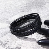 Men Stainless Steel Buckle Leather Bracelet Bangle Cuff Vintage Wristband Rope - Coffee&Silver