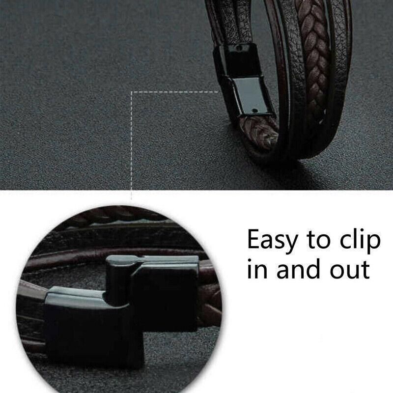 Men Stainless Steel Buckle Leather Bracelet Bangle Cuff Vintage Wristband Rope - Coffee&Silver