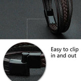 Men Stainless Steel Buckle Leather Bracelet Bangle Cuff Vintage Wristband Rope - Coffee&Silver - Extra Image