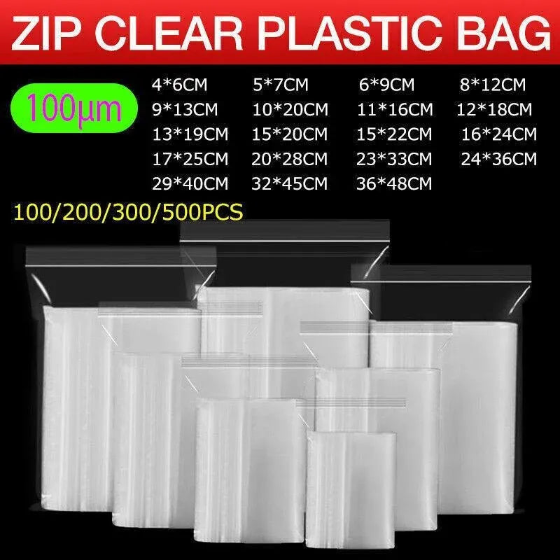 100PCS 100micron Bulk Clear Resealable PE Plastic Zip Bags - 10*20CM
