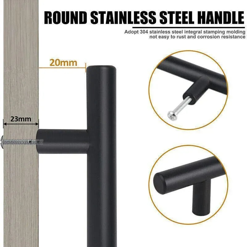 Silver Kitchen Cabinet Door Handles Matte Black Stainless Steel Door Drawer Pull T Bar - 100mm/64mm