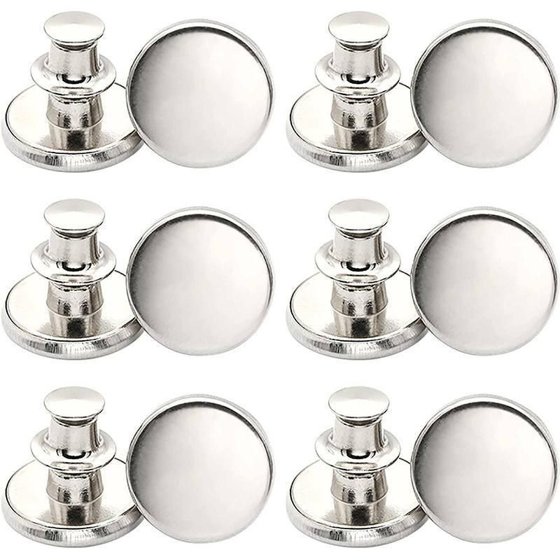 8X Button Pins For Jeans Pants No Sew Instant Adjustable Jean Button Replacement - 6sets Silver Button Pins