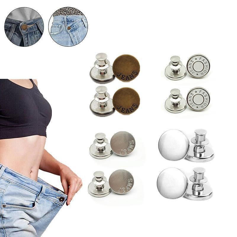 8X Button Pins For Jeans Pants No Sew Instant Adjustable Jean Button Replacement - 6sets Silver Button Pins