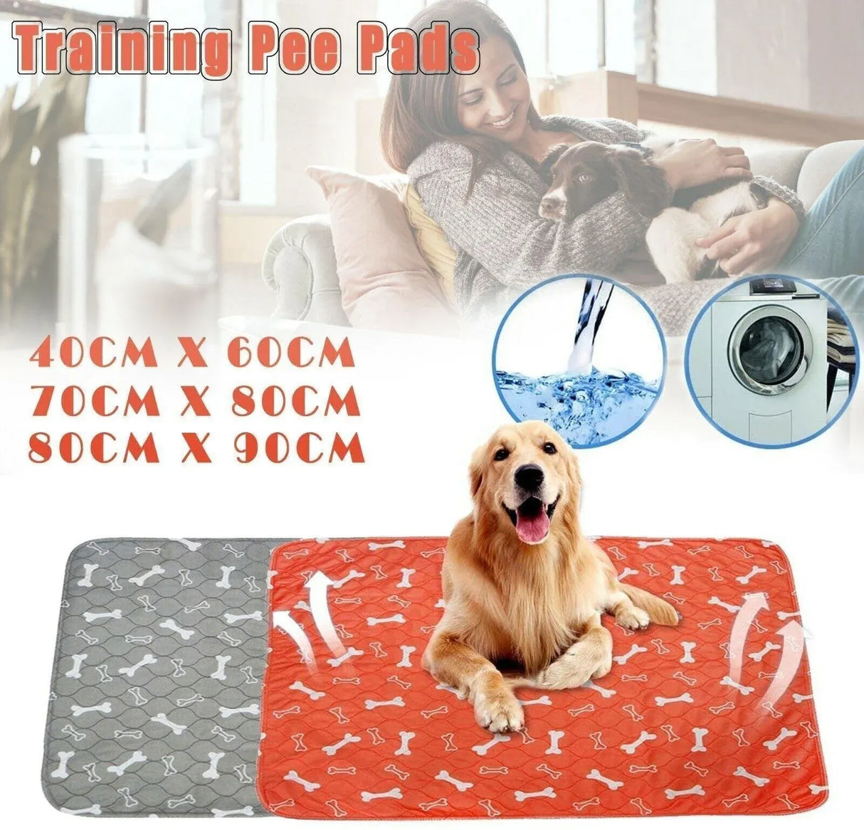 Orange Washable Pet Dog Cat Training Pee Pads Cushion Bed Absorbent Mat - 70X80cm