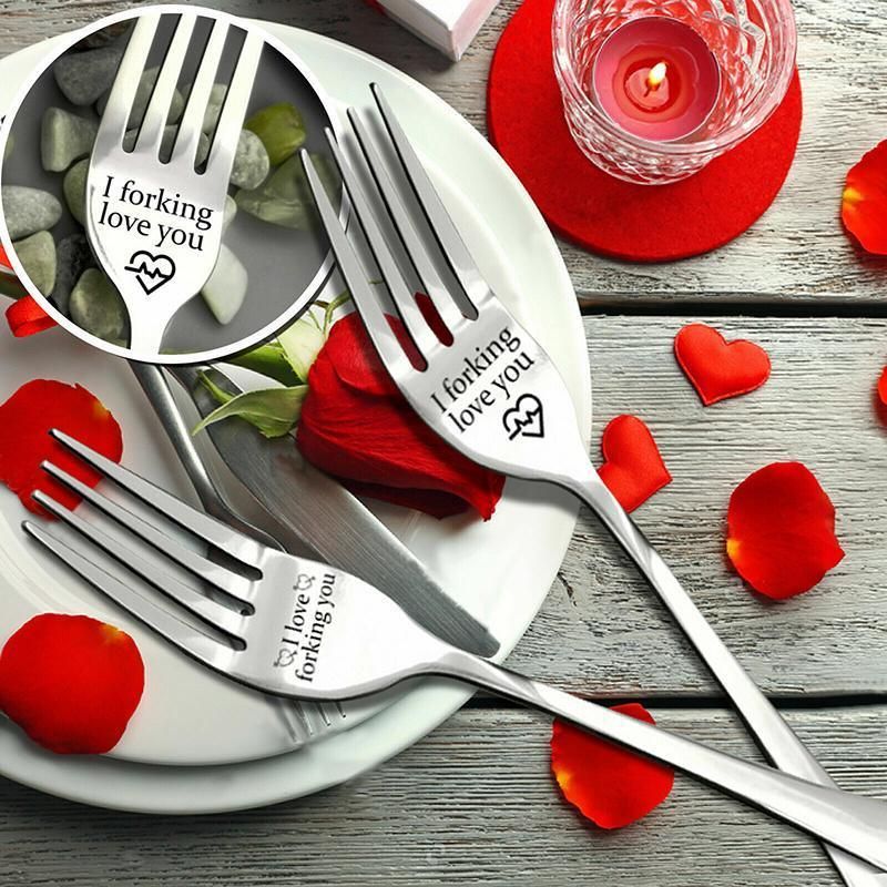 Engraved Stainless Steel Fork with Gift Box Love Message Utensil for Couples Present - 2pcs/Set(A+B)