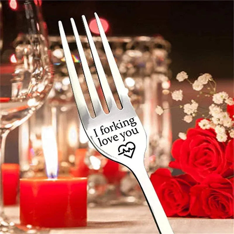 Engraved Stainless Steel Fork with Gift Box Love Message Utensil for Couples Present - 2pcs/Set(A+B)