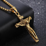Men Stainless Steel Gold Silver Black Jesus Crucifix Pendant Chain Necklace Gold&Black - only pendant - Top-Down View