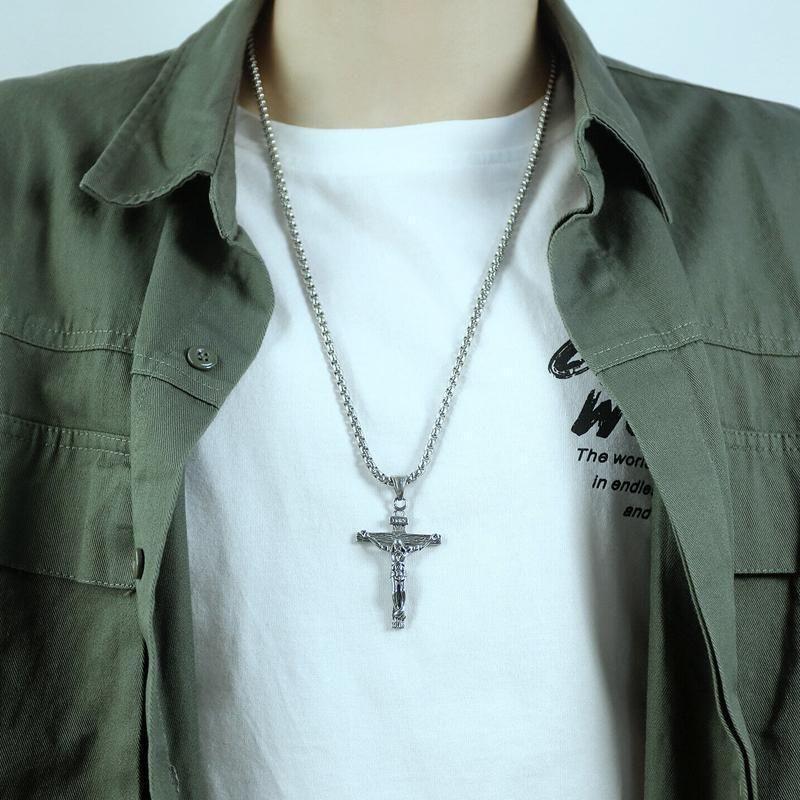 Men Stainless Steel Gold Silver Black Jesus Crucifix Pendant Chain Necklace Gold&Black - only pendant