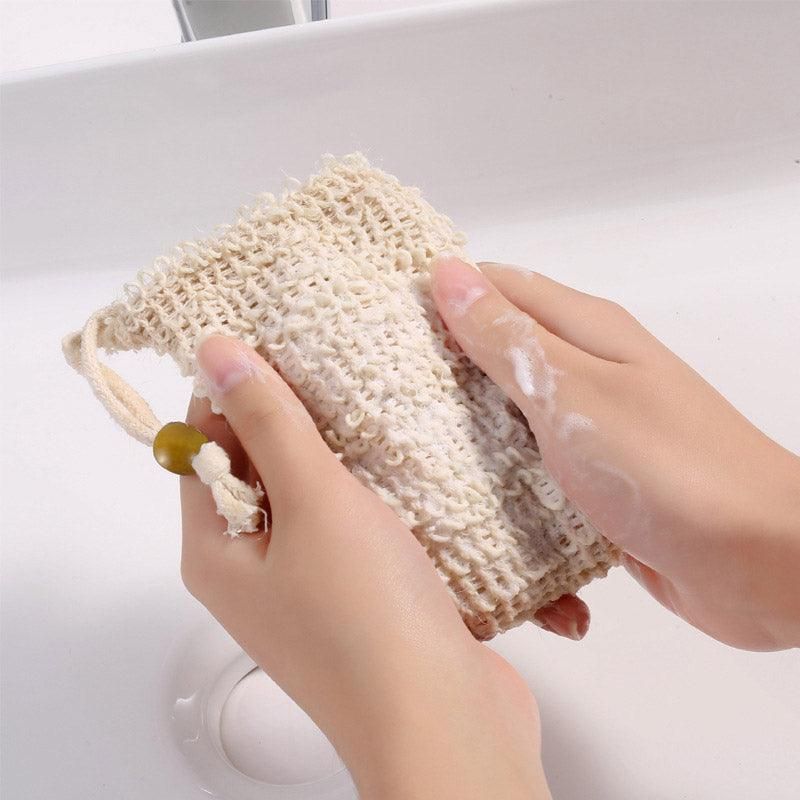 Flax Soap Saver Bag with Foaming Mesh and Drawstring for Exfoliating - 4PCS