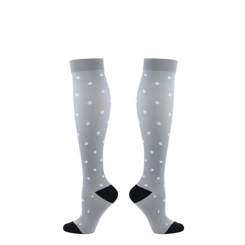 S/M Compression Socks Women Men Nursing Travel Stocking Sport Running - White Polka Dots