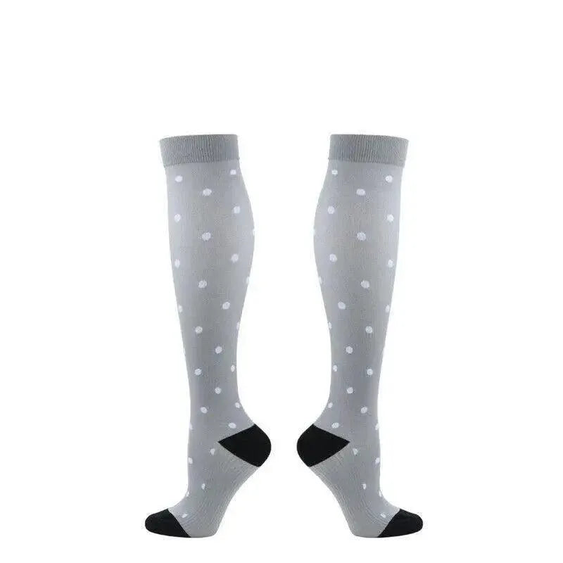 L/XL Compression Socks Women Men Nursing Travel Sport Stocking Running - White Polka Dots