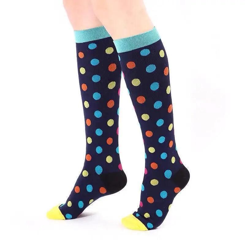 L/XL Compression Socks Women Men Nursing Travel Sport Stocking Running - White Polka Dots