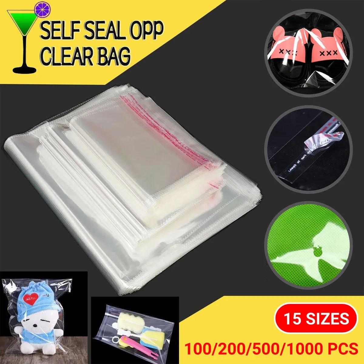Multi-size Clear Self-Seal Cellophane Bags - Bulk Adhesive Opp - 13*17+3