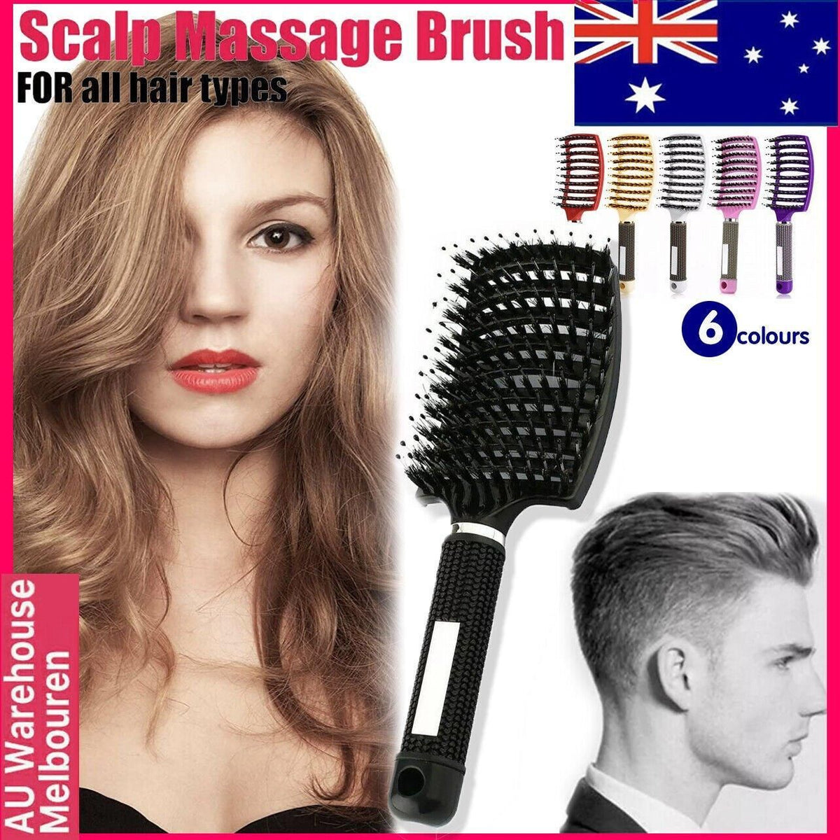 Detangle Nylon Boar Bristle Brush Hairbrush Smooth Hair Head Scalp Massage Comb - Red *1 Unit