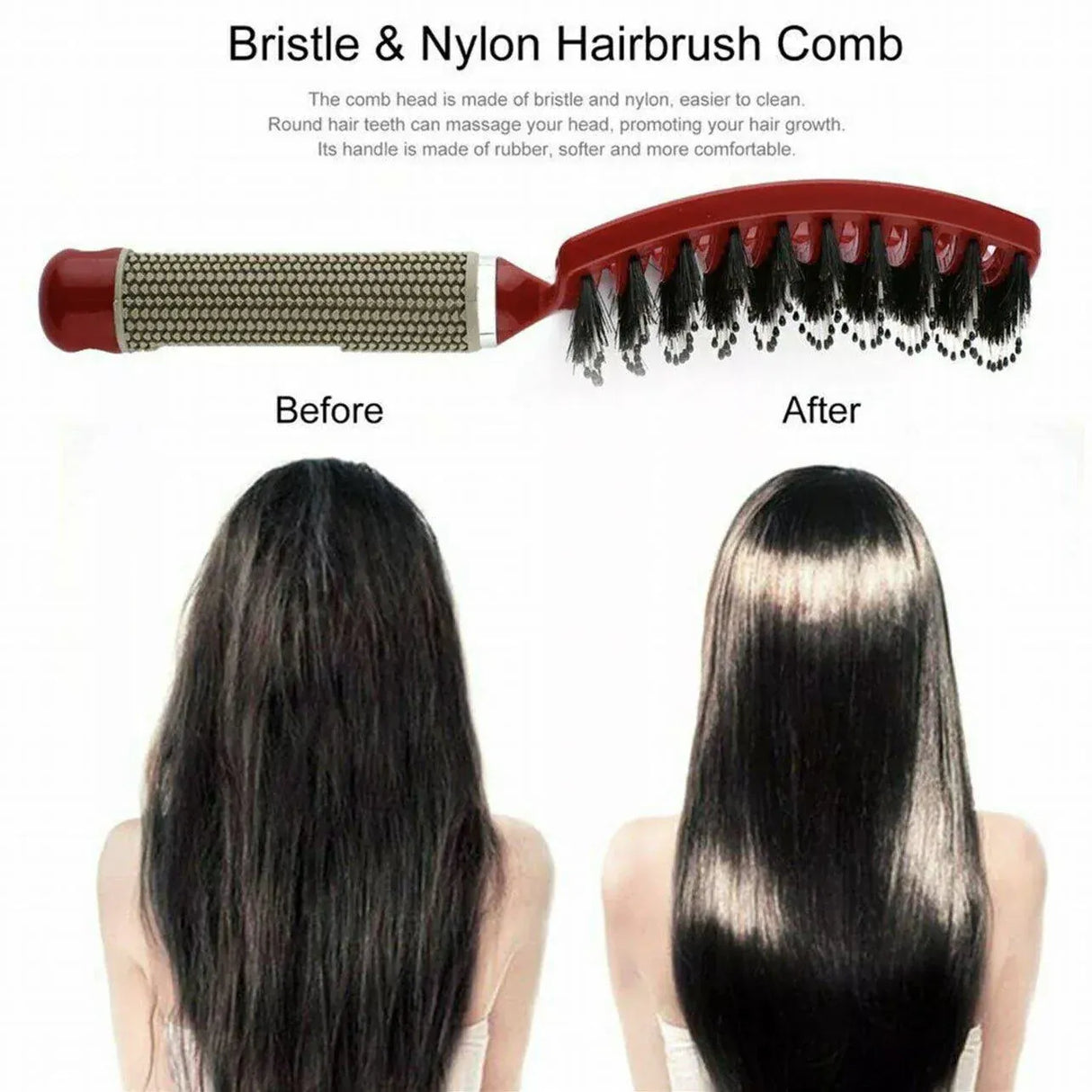 Detangle Nylon Boar Bristle Brush Hairbrush Smooth Hair Head Scalp Massage Comb - Gold *1 Unit