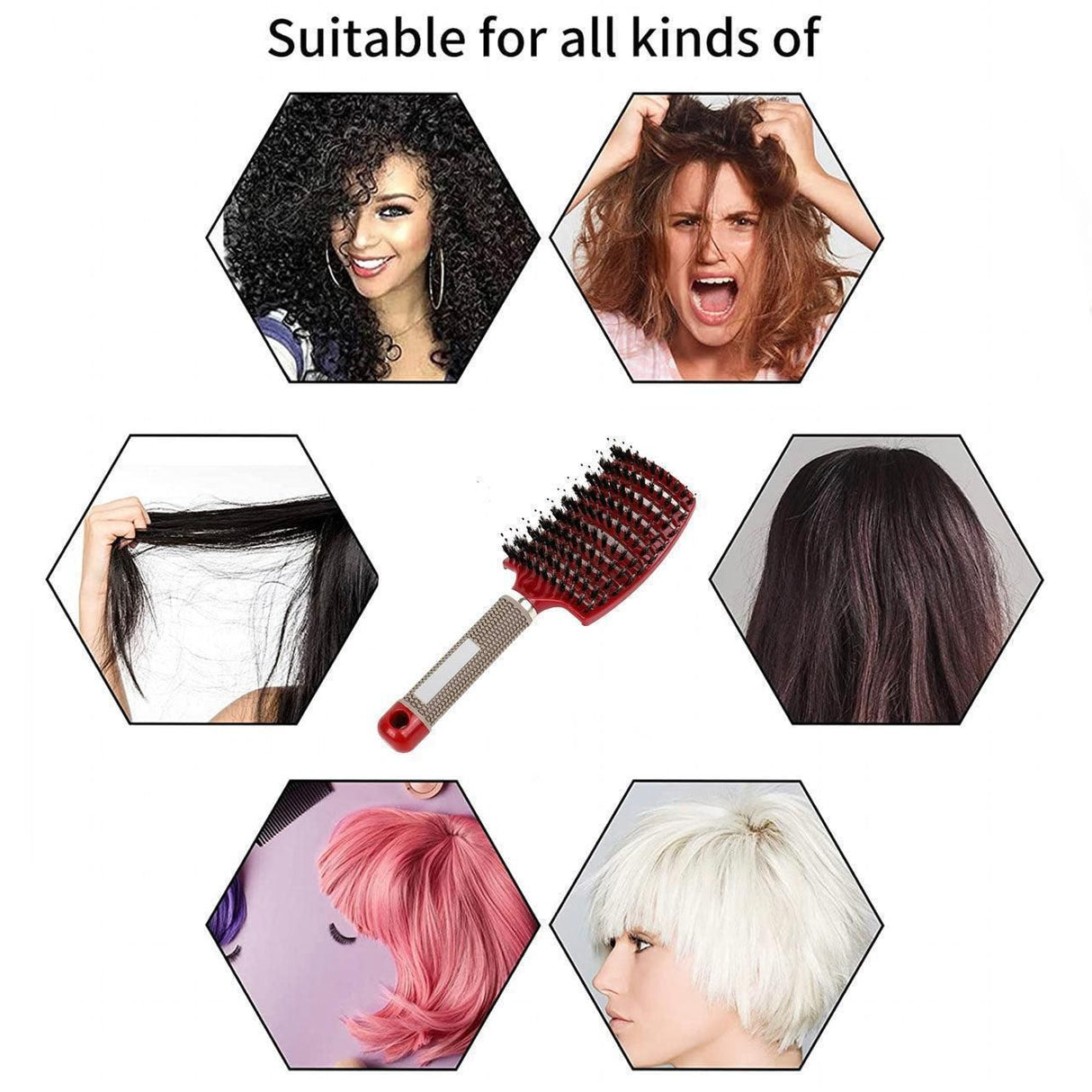 Detangle Nylon Boar Bristle Brush Hairbrush Smooth Hair Head Scalp Massage Comb - Pink *1 Unit