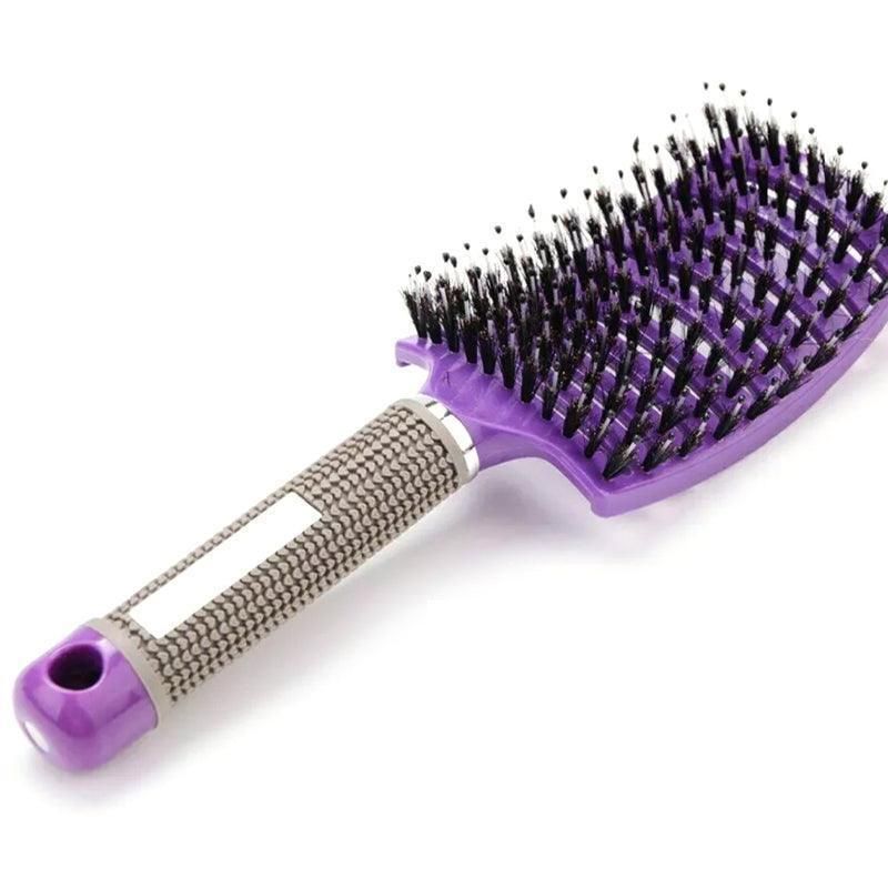 Detangle Nylon Boar Bristle Brush Hairbrush Smooth Hair Head Scalp Massage Comb - Purple *1 Unit