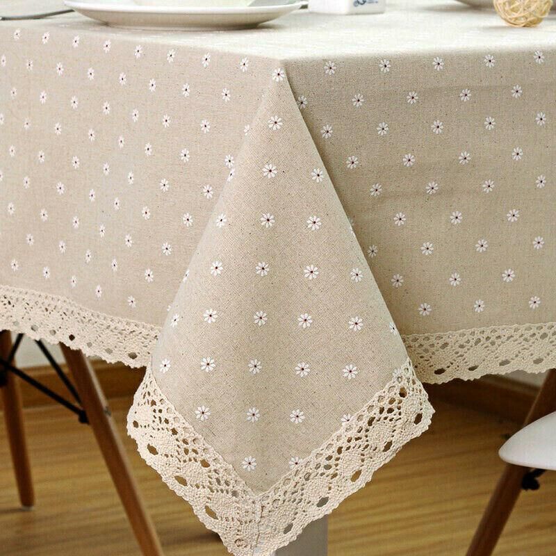 Floral Tablecloth with Lace Edge Cotton Linen Cover for Dining Table Square Rectangle - 140*180CM