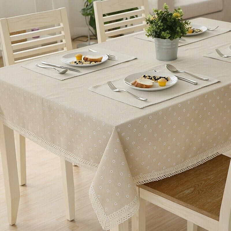 Floral Tablecloth with Lace Edge Cotton Linen Cover for Dining Table Square Rectangle - 140*200CM