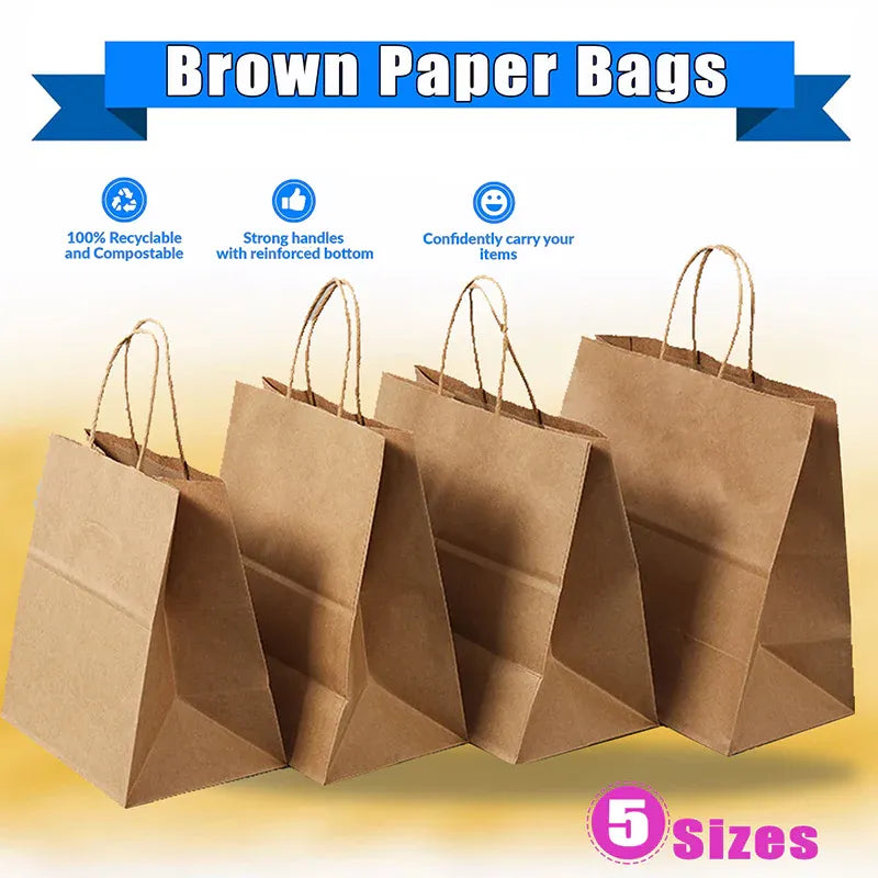 50X Kraft Paper Bags Gift Shopping Carry Craft Brown Bag With Handles - XXL-42cmx31cmx13cm