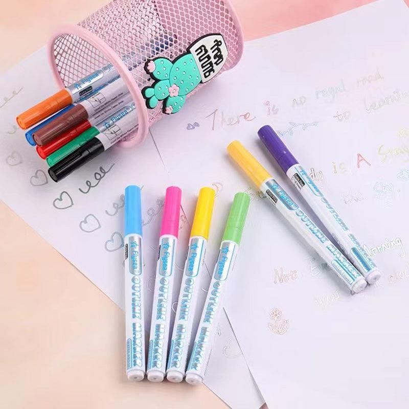 Flysea 12 Colours Writing Drawing Double Line Outline Pen Highlighter Marker Au - 12 Colours Set