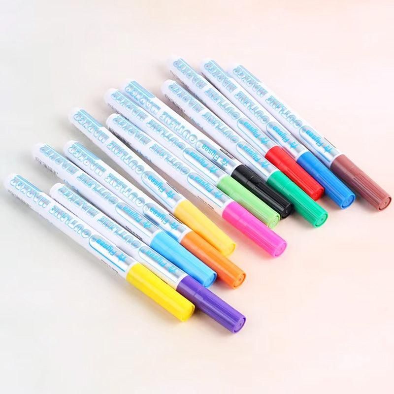 Flysea 12 Colours Writing Drawing Double Line Outline Pen Highlighter Marker Au - 12 Colours Set