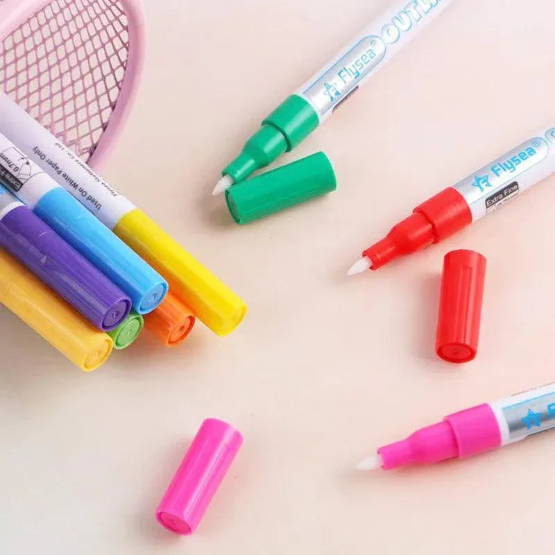 Flysea 12 Colours Writing Drawing Double Line Outline Pen Highlighter Marker Au - 12 Colours Set