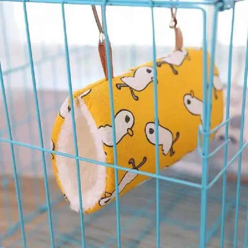 Pet Tunnel Hammock Linen Plush Cotton Cage Hanging Guinea Pig Hamster Warm Sleep - Yellow Duck
