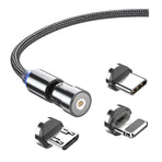 3in1 Fast Charging Cable with Rotating Head for USB C iOS Micro USB Devices - 1M