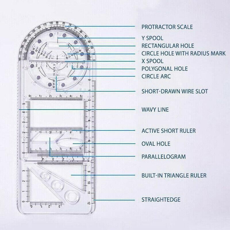 Multifunctional Geometric Ruler Student Mathematics Drawing Tools School Office - Clear-Primary School