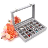 Velvet Jewelry Box Earring Organizer Display Case Storage Holder with 24 Grid - Navy - Low Angle