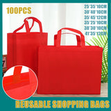 100PCS Reusable Non Woven Shopping Bags Eco Friendly Washable Tote Bags Red - 38X30X10CM - Front View