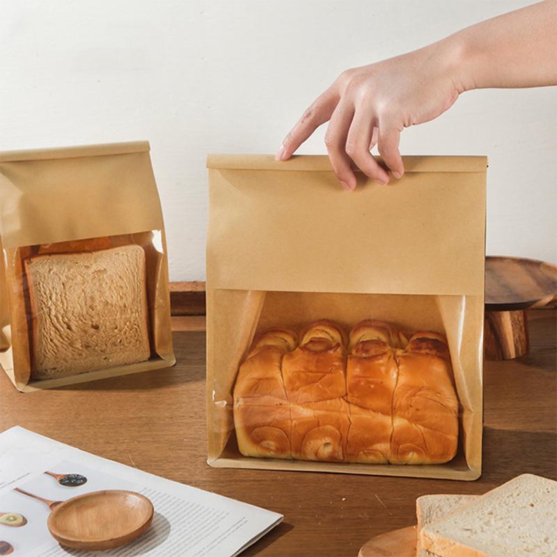 100x Kraft Paper Flat Bottom Cake Packaging Toast Bread Bags With Window Cowhide - 13X28+10CM