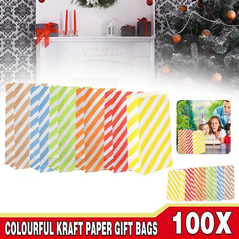 100X Colourful Plaid Kraft Paper Bag Candy Cookie Snack Cake Gift Bags 9X6X18cm - Orange