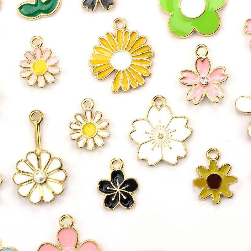 30PCS Assorted Gold Plated Enamel Flower Charms Pendant DIY For Jewelry Making