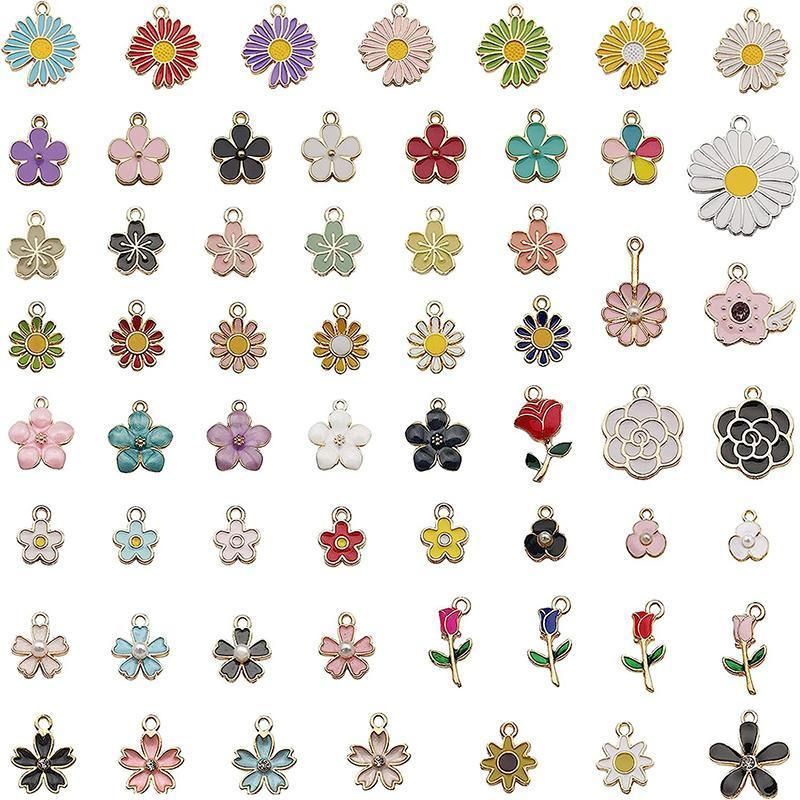 30PCS Assorted Gold Plated Enamel Flower Charms Pendant DIY For Jewelry Making