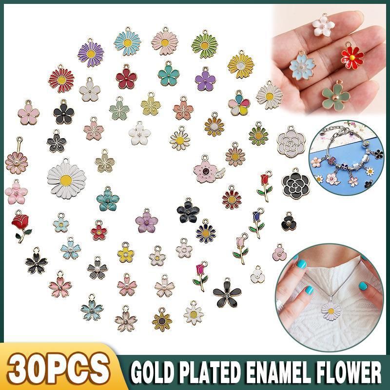 30PCS Assorted Gold Plated Enamel Flower Charms Pendant DIY For Jewelry Making