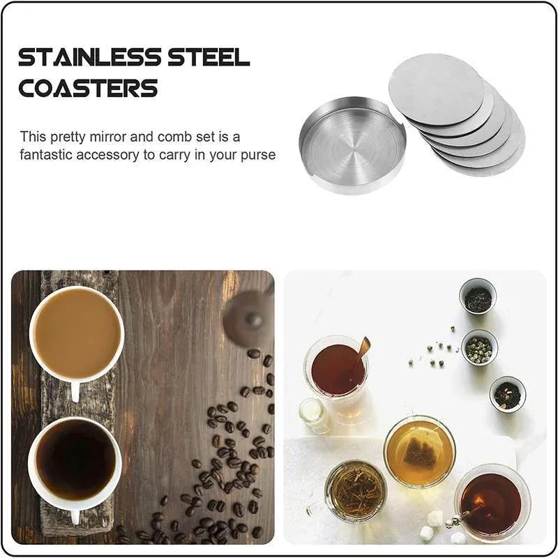 Stainless Steel Drink Coaster Set 6PCS Heat Resistant Cup Pads With Holder