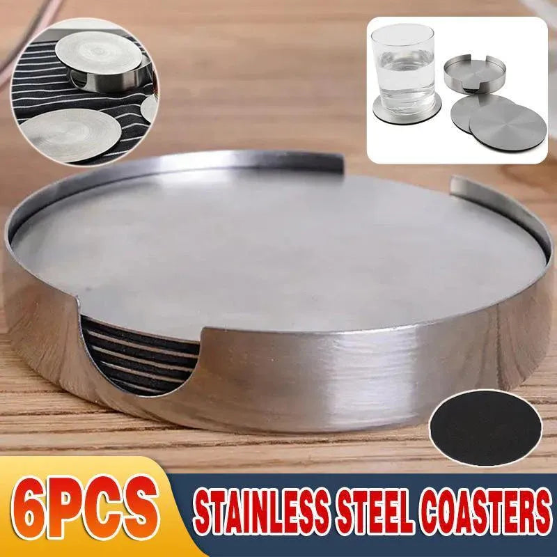Stainless Steel Drink Coaster Set 6PCS Heat Resistant Cup Pads With Holder