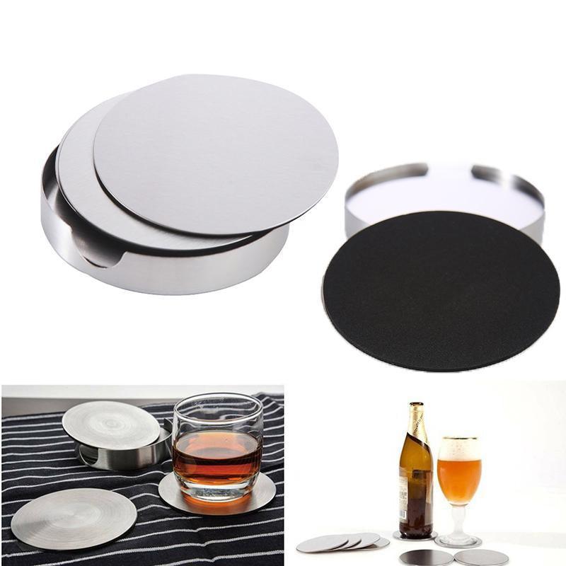 Stainless Steel Drink Coaster Set 6PCS Heat Resistant Cup Pads With Holder