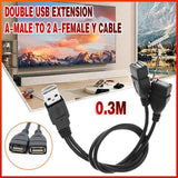 Double USB Extension A-Male to 2 A-Female Y Cable Cord Power Adapter Splitter