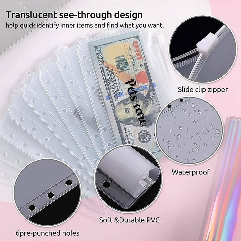 A6 Pu Leather Binder Pockets Cash Envelope Planner Notebooks - Pink+White