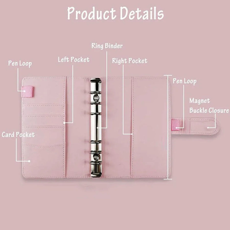 A6 Pu Leather Binder Pockets Cash Envelope Planner Notebooks - Laser Pink