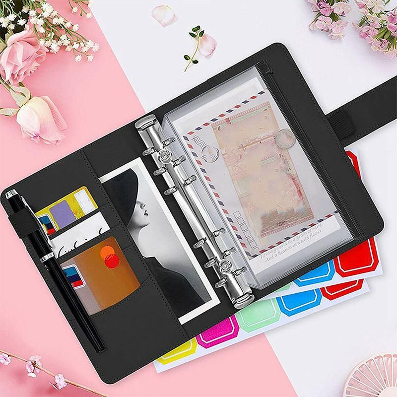 A6 Pu Leather Binder Pockets Cash Envelope Planner Notebooks - Laser Pink